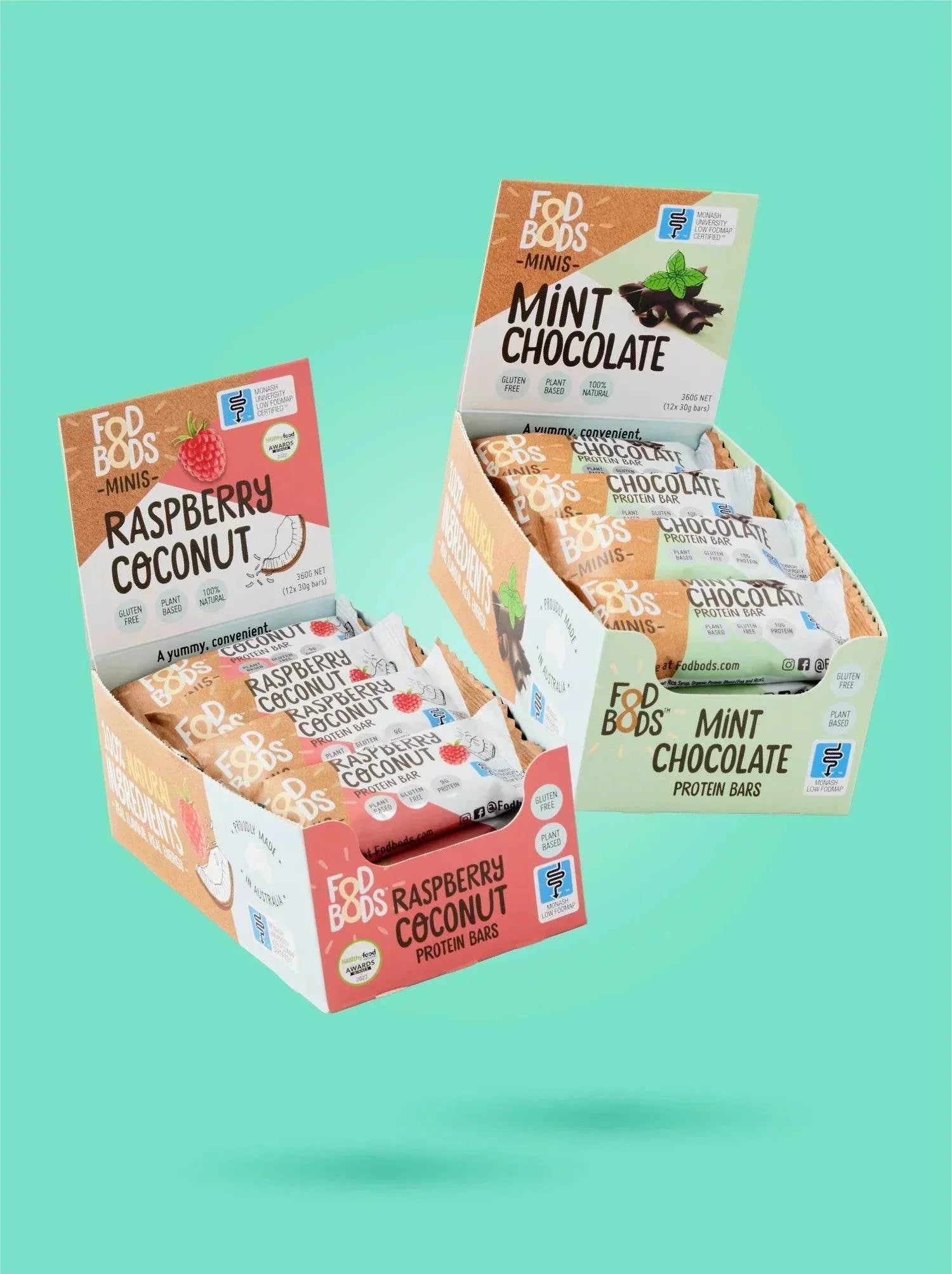 Fodbods Raspberry Coconut and Mint Chocolate Minis Bundle, featuring plant-based protein bars, allergy-friendly and high in prebiotic fiber.