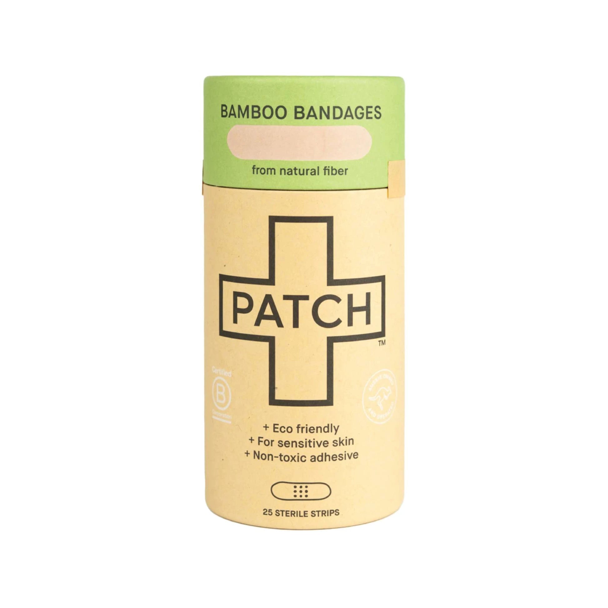 Eco-friendly bamboo bandages in compostable tube, suitable for sensitive skin.