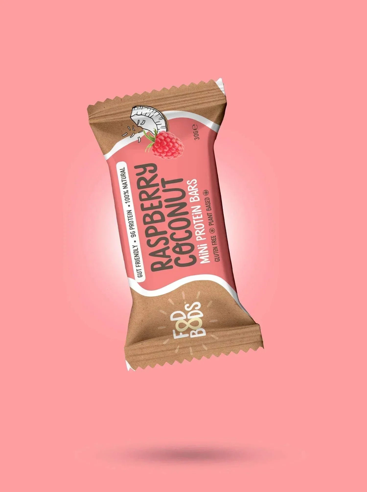 Fodbods - Raspberry Coconut Protein Bar on pink background.