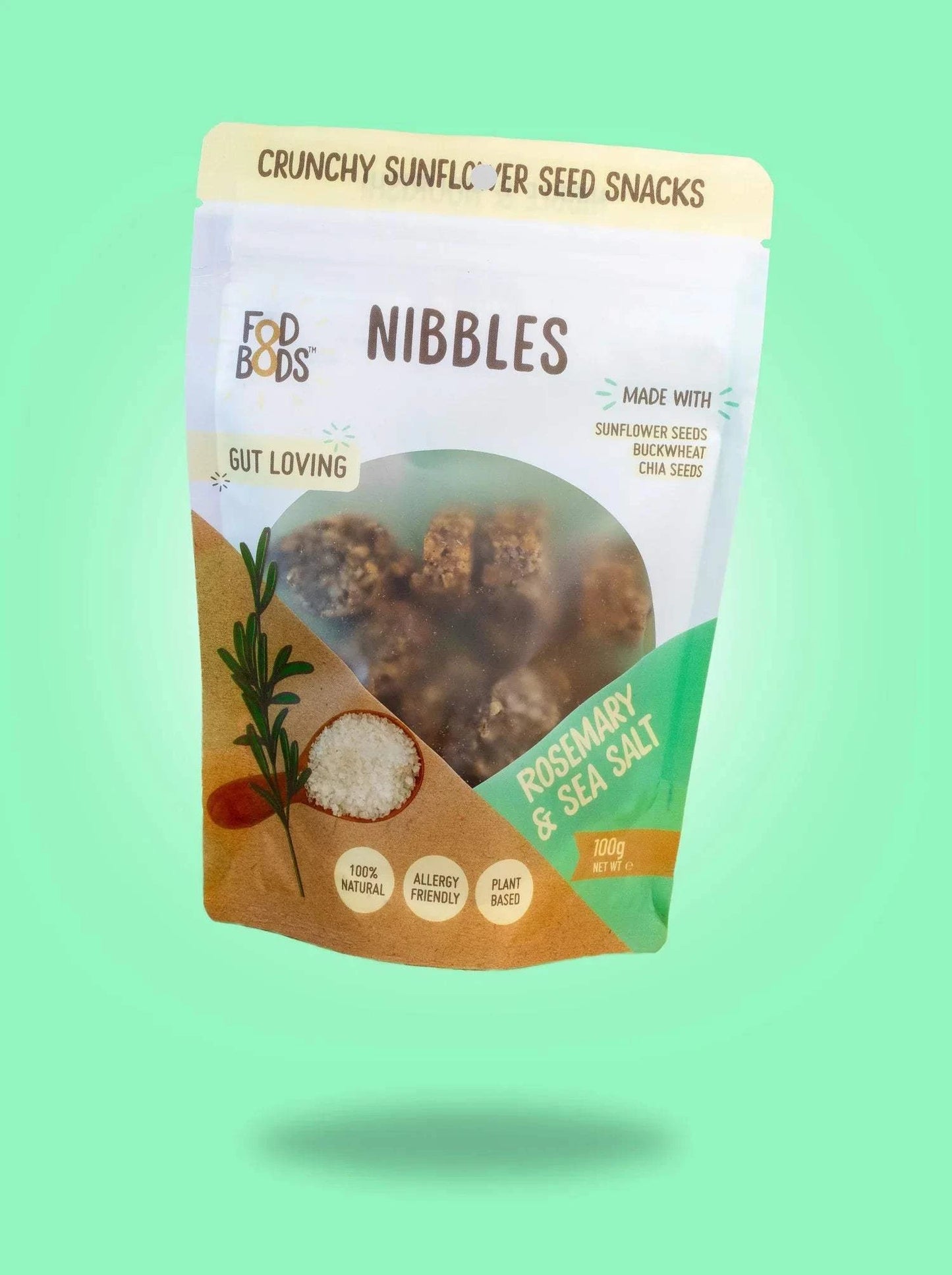 Fodbods Rosemary & Sea Salt Nibbles - Crunchy sunflower seed snack, gluten-free, plant-based, low FODMAP, 100g.