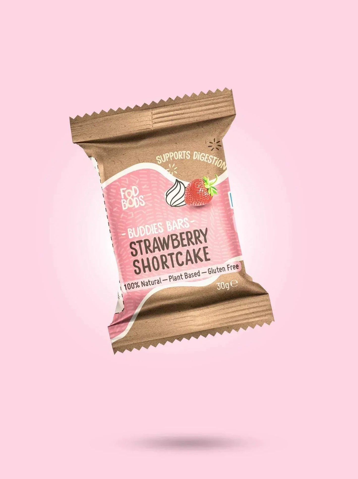 Fodbods Strawberry Shortcake Buddies bar on a pink background, highlighting natural and plant-based ingredients.