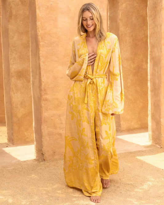 Brahmaki eco-friendly maxi kaftan Temple of the Sun, reversible sustainable fashion.