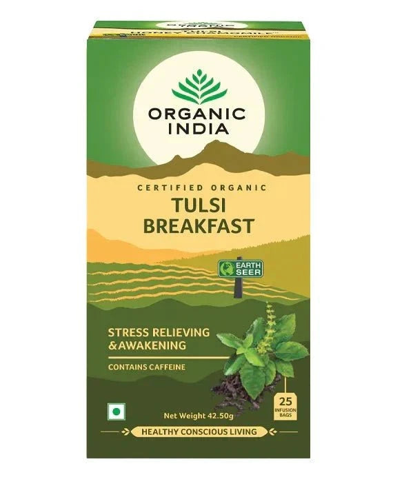 Organic India Tulsi Breakfast Tea box with 25 tea bags, certified organic, stress-relieving benefits, and antioxidant-rich blend.