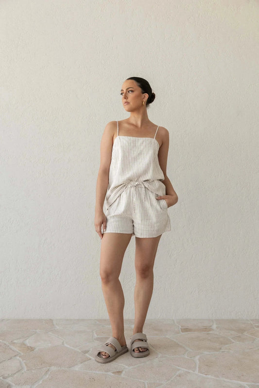 W.two Mastiha Linen Set, lightweight summer outfit with noodle straps and sweetheart neckline.