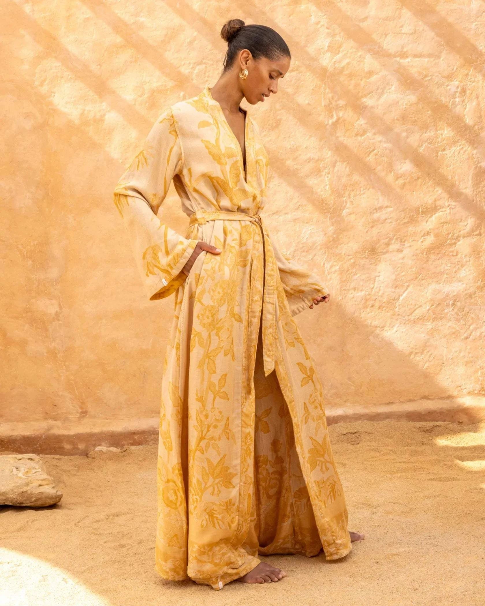 Brahmaki Eco-Friendly Maxi Kaftan in golden patterns, sustainable Lenzing Modal fabric.