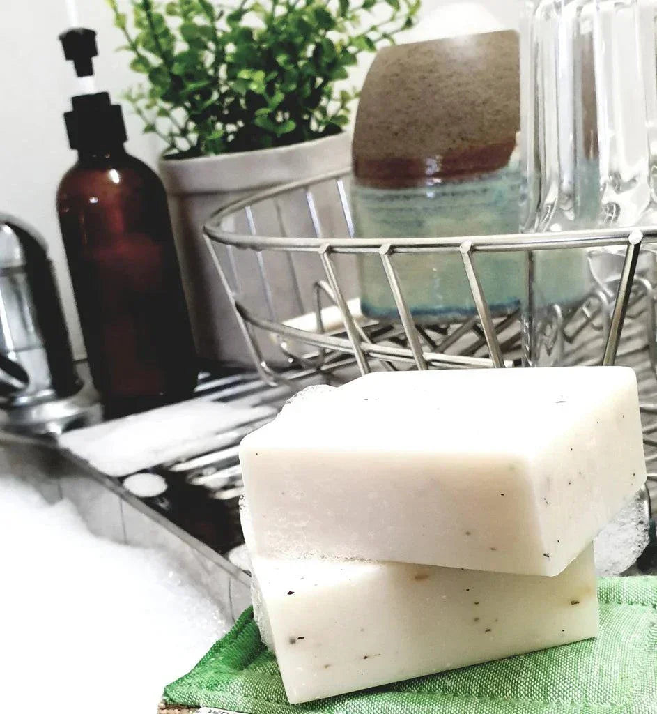 Red House chunky block plant-based dishwashing soap in kitchen setting.