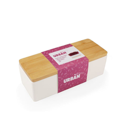 Urban Greens Mini Garden Kit with porcelain windowsill box and bamboo lid.