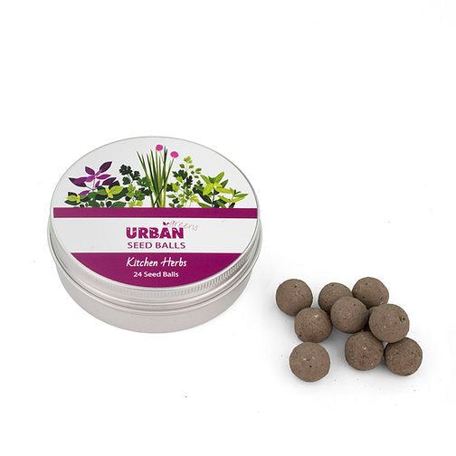 Urban Greens Kitchen Herbs seed balls pack with nutrient-rich compost blend.