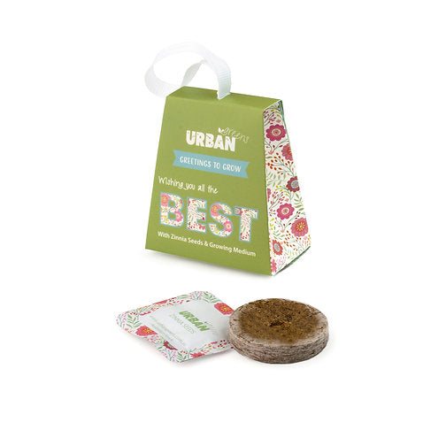 Urban Greens gift tag with Californian Poppy seeds, growing medium, and ribbon.