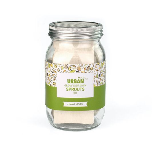 Urban Greens sprout jar kit with glass jar, stainless steel mesh lid, and alfalfa seeds.