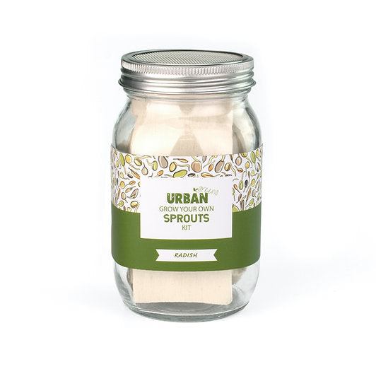 Urban Greens Sprout Jar Kit with radish seeds, glass jar, stainless steel lid, and timber stand.