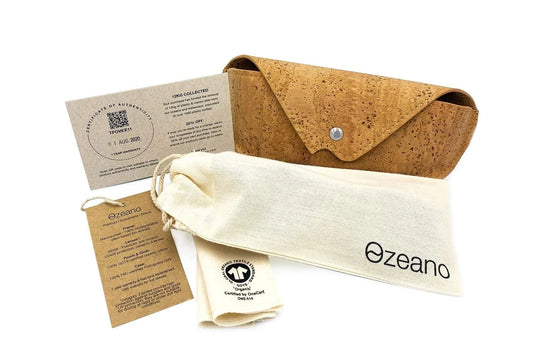 Ozeano premium handmade eyewear case made from FSC certified cork with organic cotton pouch.