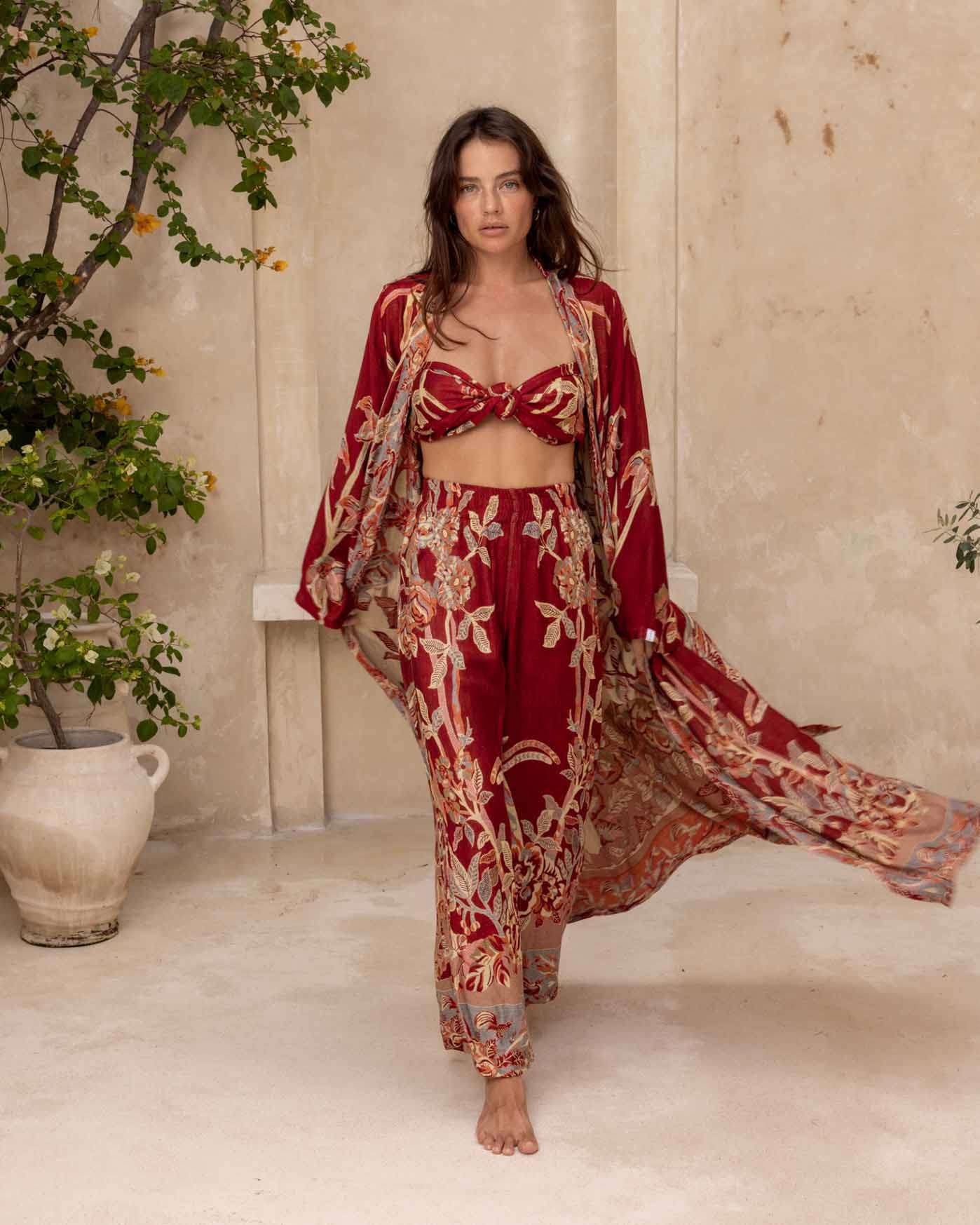 Brahmaki Eco-Friendly Maxi Kaftan, sustainable reversible bamboo fabric, River of Roses design.