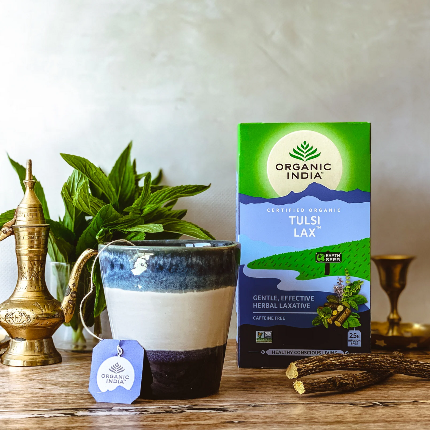 Organic India - Tulsi LAXThis is a natural, organic, gentle herbal laxative tea to help with regular elimination. It contains a blend of senna leaves, peppermint leaves, spearmint leaves, liOrganic India