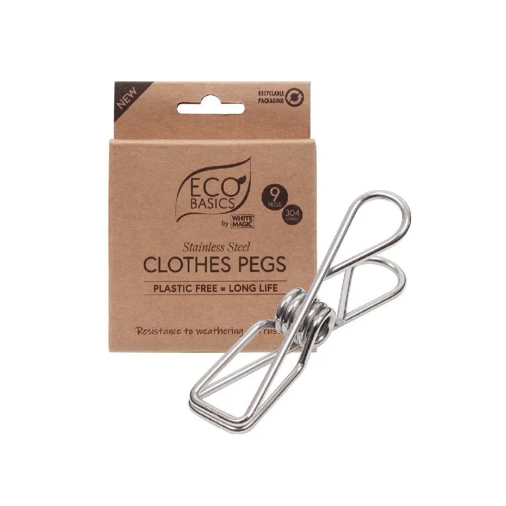 Eco Basics - Clothes Pegs, rust-resistant stainless steel, sustainable and long-lasting, available in 9-pack silver or 20-pack multicolor.