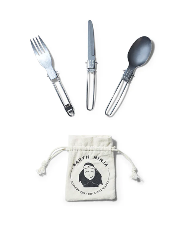 Oz Harvest Earth Ninja Reusable Cutlery Set with foldable utensils and canvas bag.