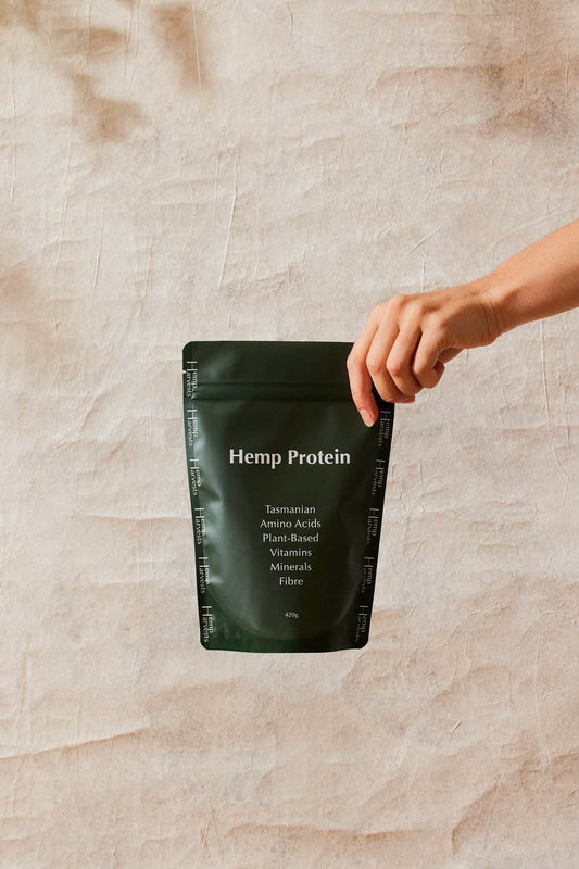 Packaged Tasmanian hemp protein powder rich in amino acids and omegas.