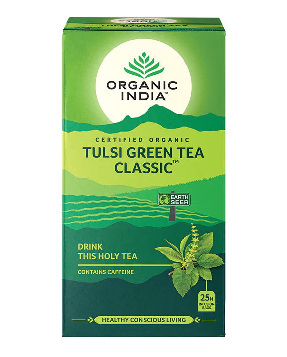 Organic India - Tulsi Green TeaA harmonious blend of Tulsi and green tea, Tulsi Green tea is simply accented with an aromatic lemon flavour lift from Tulsi. This wonderful flavour combination provOrganic India