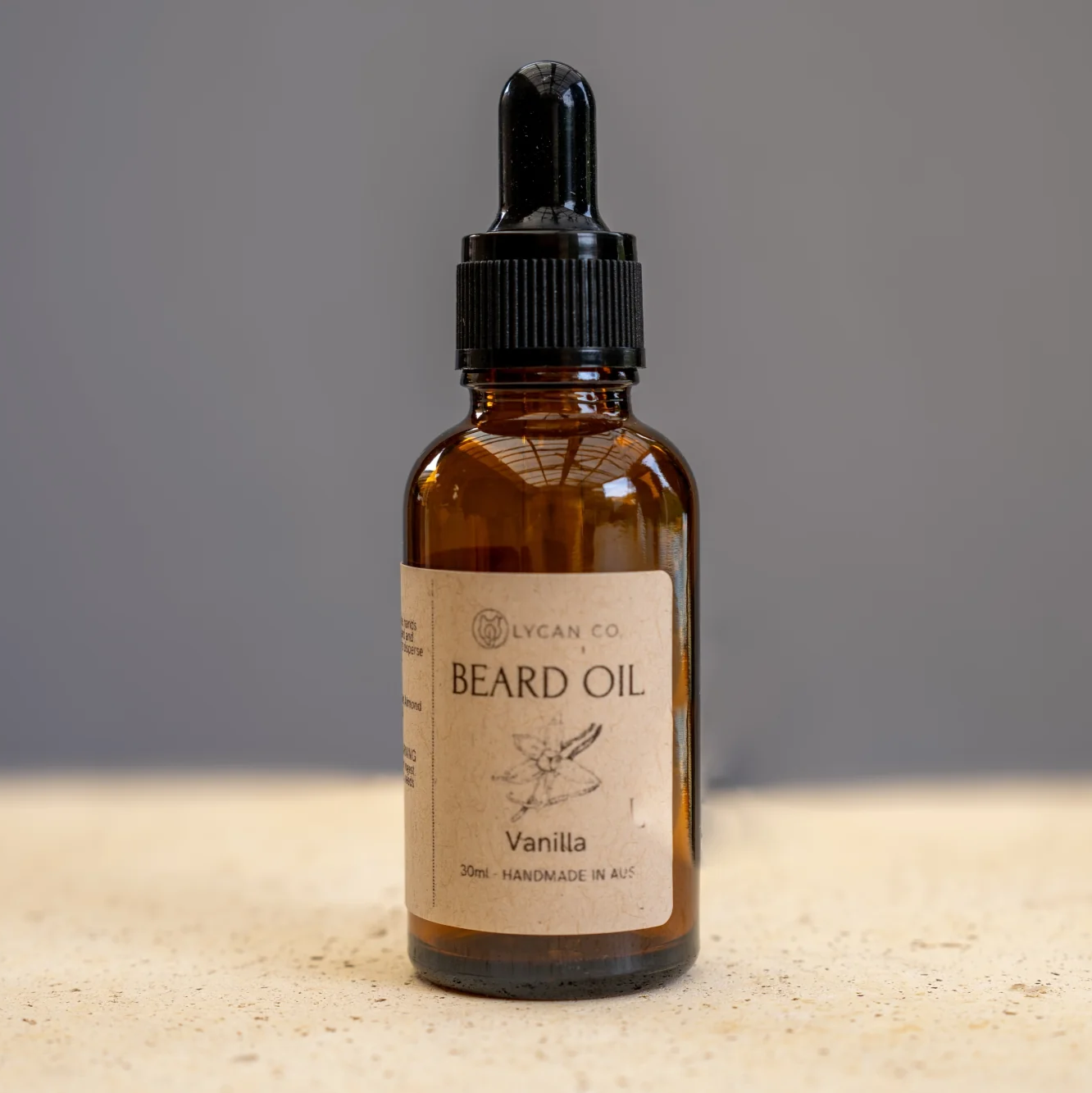 Vanilla Beard Oil bottle by Lycan Co, featuring a warm, sophisticated scent for beard grooming.