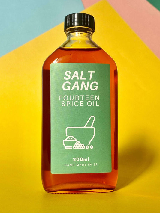 Salt Gang 14 Spice Oil in 200ml glass jar with aromatic Chinese flavor. Vegan, gluten-free.