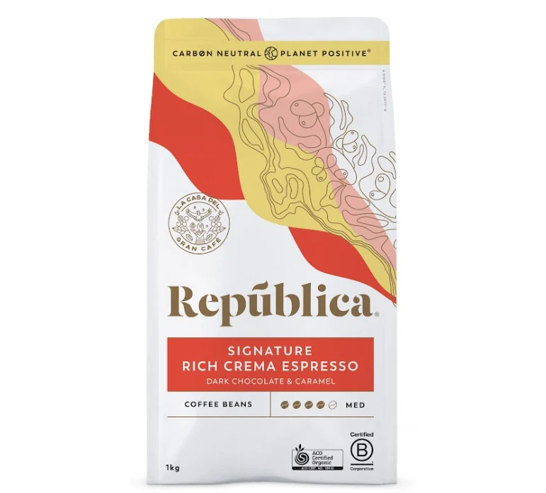 Republica Signature Coffee Beans packaging with rich crema espresso, dark chocolate, and caramel notes.