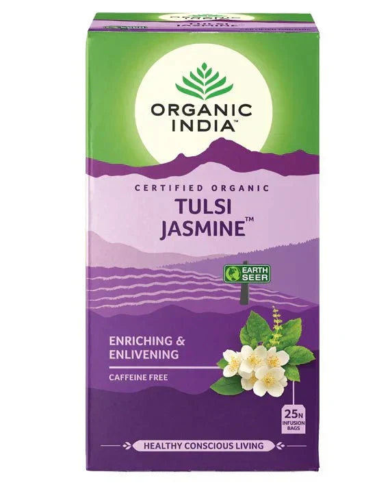 Organic India Jasmine tea box featuring Tulsi blend, 25 caffeine-free bags.