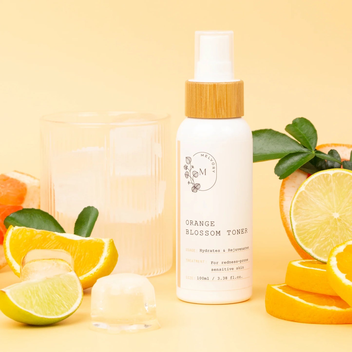 Melvory Orange Blossom Toner with citrus and passion flower ingredients.