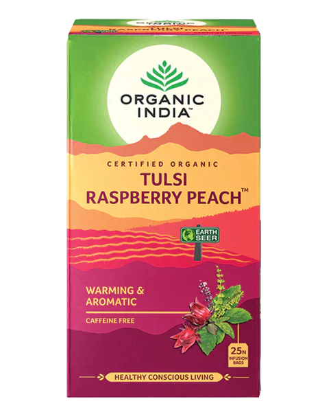 Organic India Raspberry Peach tea box with 25 bags, herbal blend for stress relief.