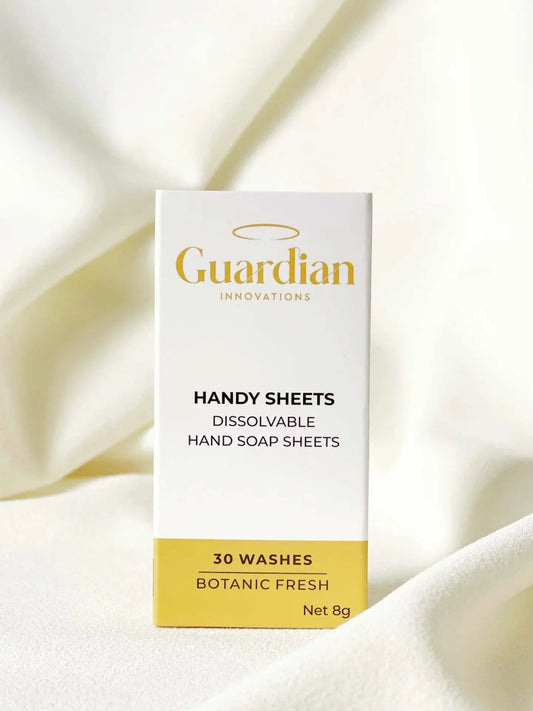 Dissolvable soap sheets by Guardian Innovations for on-the-go hygiene.